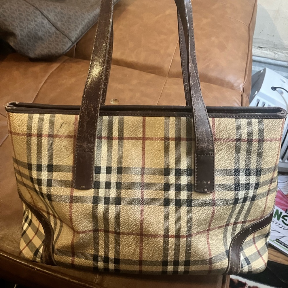 Burberry, Authentic Burberry Vintage Plaid Tote Bag with Brown Leather Trim